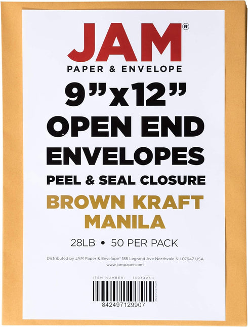 JAM PAPER 9 x 12 Open End Catalog Premium Envelopes with Peel and Seal Closure - Brown Kraft Manila - 50/Pack