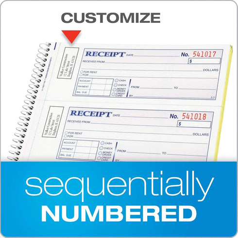 Adams 2-Part 7-5/8" 11", 200 Sets 4 (SC1182), Money and Rent Receipt Book, Carbonless, x Spiral Bound, per Book