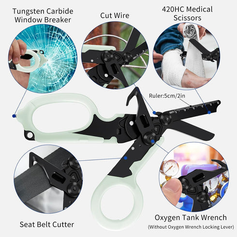 6 1 in Multi-function Trauma Shears with Strap Cutter and Glass Breaker, with Luminous Holster, Stainless Steel