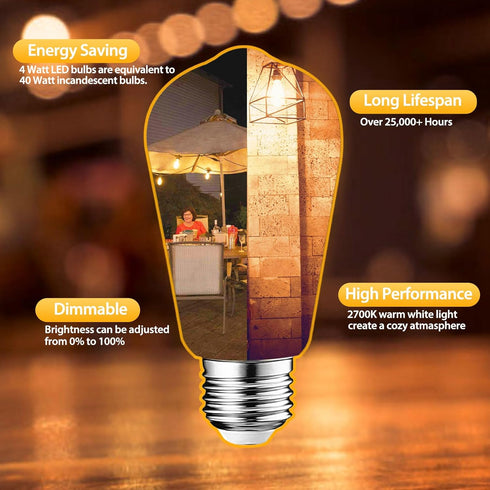 6 Packs ST58 LED Edison Bulbs, 4 Watt Vintage, 2700K Warm White, 40 Watts Equivalent, E26 Base, Dimmable