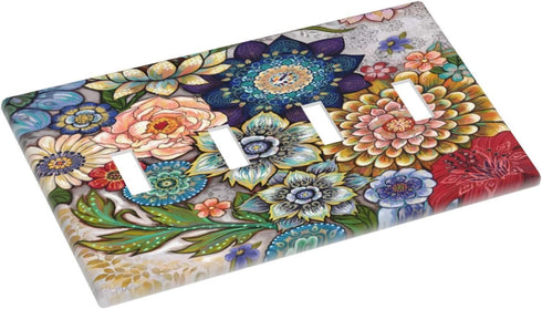 Boho Floral Bright 4 Gang Light Switch Cover: Quad Toggle Wall Plate Decorative Electrical Faceplate for Home