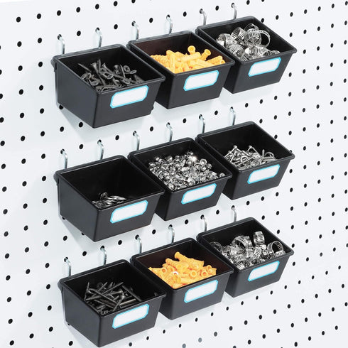 FRIMOONY 16 Pack Pegboard Bins, Organizing Accessories with Hooks and Labels, Black