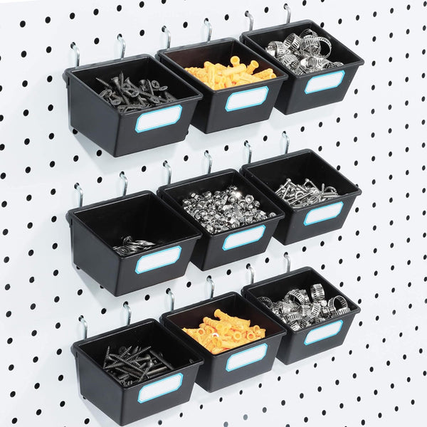 FRIMOONY 16 Pack Pegboard Bins, Organizing Accessories with Hooks and Labels, Black