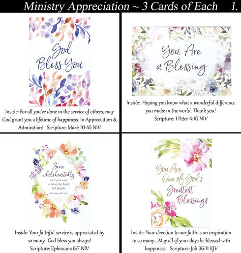 Generic 36 Set Ministry/Service Appreciation ~ Card ~ Religious Greeting Card Assortment w/Scripture ~ Pastor