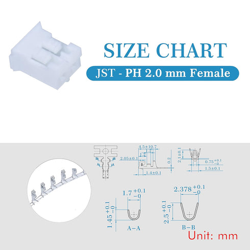 JST PH 2.0 mm Pitch 2-Pin JST Wiring Connecting IC Male Plugs, 50 Sets/200 Pieces Connector Kit