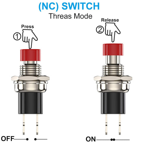 Mini Push Button Switch, 1A 250V AC SPST Momentary Switches with Wire, Normal Closed (NC) Red Cap - 10pcs