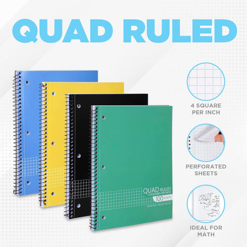 Graph Paper Spiral Notebook - Graph Paper Notebook Spiral, Quad Ruled Grid Notebooks, Perforated Pages - 10.5 X 8 Inches - 1 Subject Wirebound Notebook - Assorted Colors - 100 Sheets per Book - (4 by Manaloom