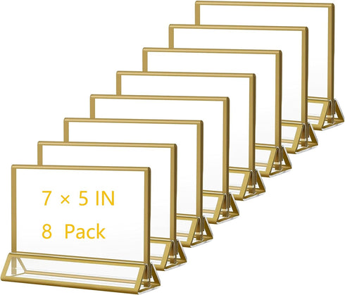 8 Pack 7x5 Acrylic Sign Holders Golden Border Wedding Table Number Frames Double Sided Table Menu Stands