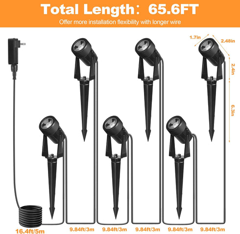 NEWKAZ 65.6FT IP65 18W 1800LM 3000K, Pack 6 Outdoor Landscape lighting Low Voltage, Wired LED Spot light with Plug