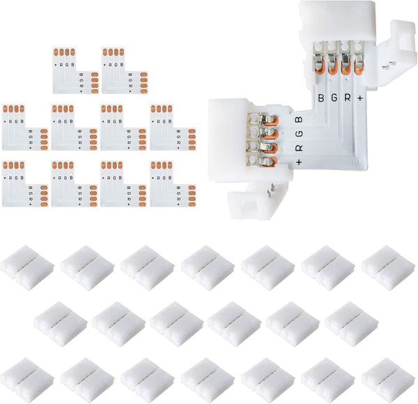 JACKYLED 20Packs L Shape 4-Pin LED Connectors with 22Pcs Clips 10mm for
