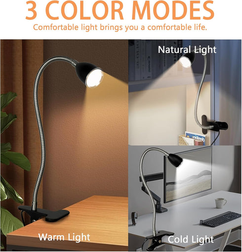 Desk lamp Eye-Caring Table Lamps, 360 Rotation Gooseneck Clip on Lamp Reading Light, Portable Reading Book Light, Clamp Light, Study Desk Lamps for Bedroom and Office Home Lighting (Black-C01) by LALISU