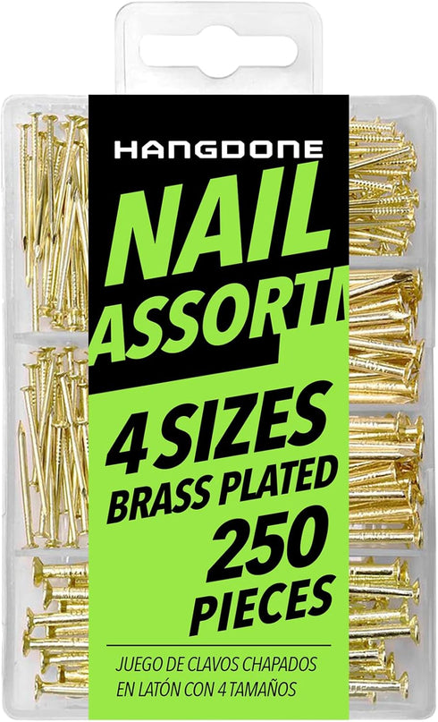 Nail Assortment 250-Pieces, 4 Sizes Assorted Nails Kit for Wood and Drywall, Brass Plated Finish