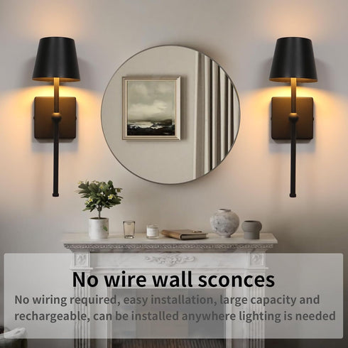 IZOKIN Set Battery Operated Wall Sconce Rechargeable Wireless Cordless Wall lamp Decor of one Black for Bedroom Living