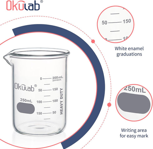 Heavy Duty Glass Beakers, Double Scale Printed Graduation, 6pcs of 250ml, HBKG250A6