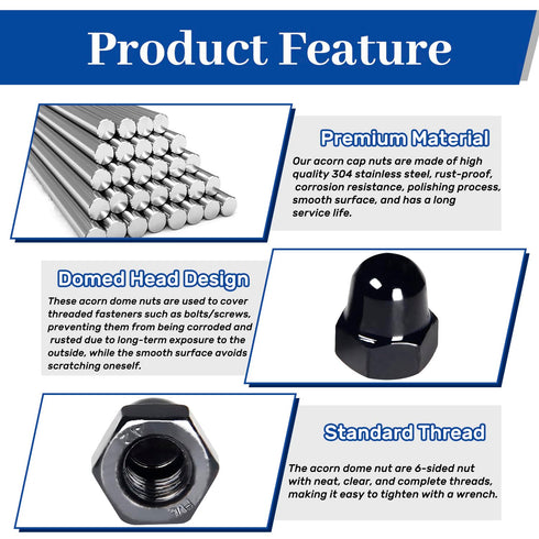MroMax 25Pcs M6 M6-1.0 304 Steel(18-8) Black Acorn Cap Nuts, Cap Nuts, Stainless Dome Head Hex Nuts, Black Oxide