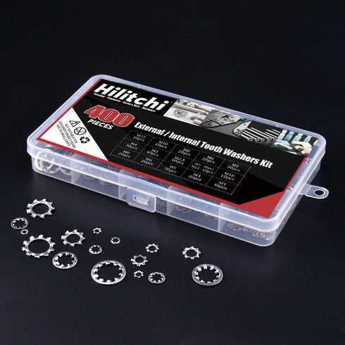 Hilitchi 400-Pcs Assortment Kit of 304 Stainless Steel External Internal Tooth Star Lock Washers - M2 M3 M4 M5 M6 M8