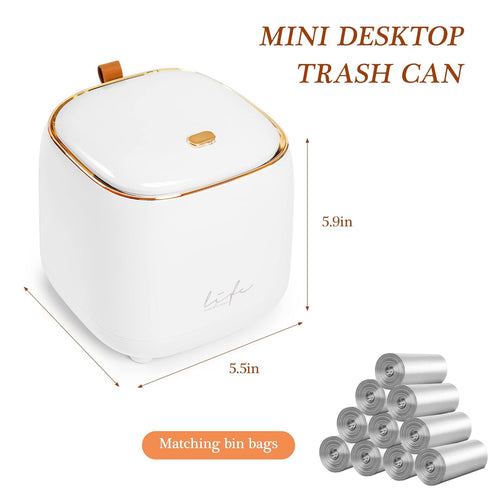 Mini Countertop Trash Can with 10 Rolls of Trash Bags - Waste Can with Press Type Lid for Bathroom Vanity, White