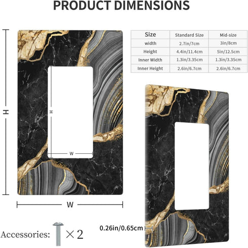 Black Gold Marble Single Gang Rocker Light Switch Plate Cover, Decorative Wall Plate for Home, Bedroom, Kitchen