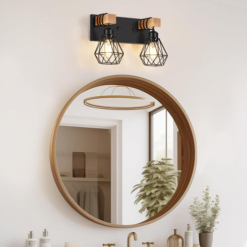 2-Light Bulbs FadimiKoo Rustic Style Wood Bathroom Wall Sconce, Farmhouse Vanity Lighting Fixture fopr Bathroom