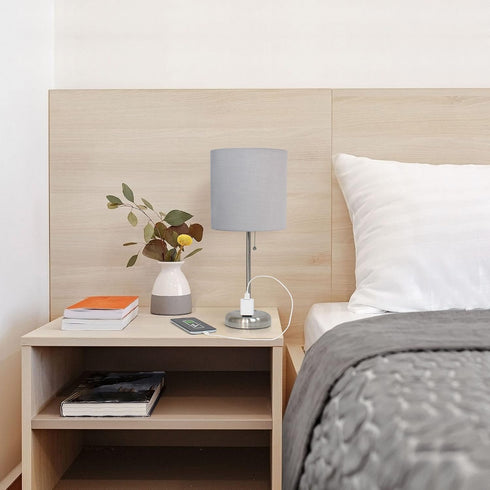 19.5" Oslo Contemporary Bedside Power Outlet Base Standard Metal Table Desk Lamp in Brushed Steel with Gray Drum Fabric