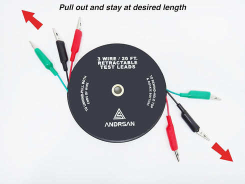3 Wire 20' Retractable Test Leads 18 Gauge Aligator Clips in Reel
