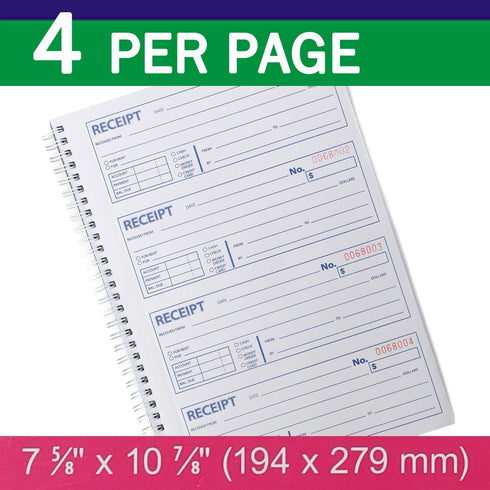 Gimehome 2-Part 7-5/8" 11" 200 Sets 4 Page(1pack) Money and Rent Receipt Book Carbonless x Spiral Bound per Book