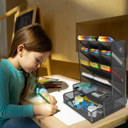 Multi-Functional Desk Organizer, Wall Mount Pen Holder with Drawer for School, Office, Home, Art Supplies