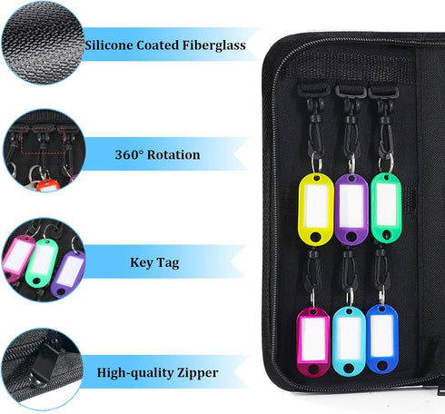 Portable Zippered Key Organizer, Waterproof Fireproof Key Case with 12 Hooks for Rental Management, Portable