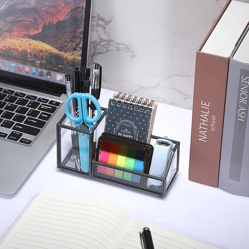 Hipiwe Glass Business Card Holder, Metal Pen Pencil Storage for Desk, Clear Business Card Display Organizer (Black)