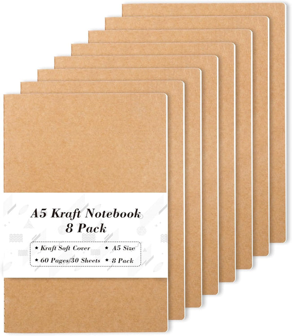feela 8 Pack A5 Kraft Notebooks, 60 Lined Blank Pages, Soft Cover Journals for Women, Students, 8.3 x 5.5 in