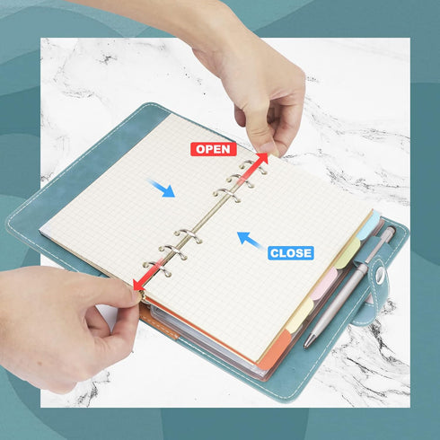 FYY Leather A6 Binder, 6 Ring Notebook, Refillable with Pockets, Blue PU Leather Travel Cover