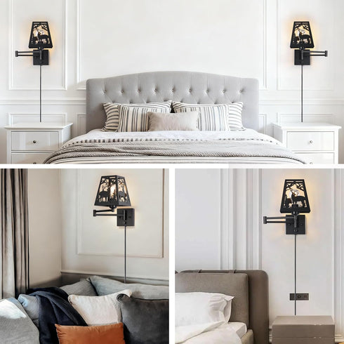 Dimmable Dimmer Rustic Plug in Deer Wall Sconces, Swing Arm Wall Lamp with Plug in Cord and On/Off Rotary Switch