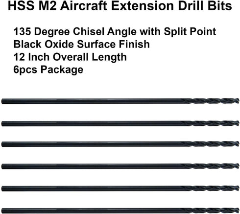 MAXTOOL 5/32"x12" 6pcs Identical Aircraft Extension Drills - HSS M2 Extra Long Deep Twist Drill Bits Straight Shank