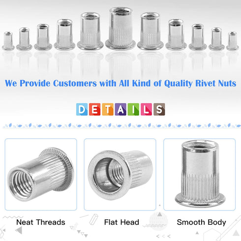 Glarks 20Pcs 3/8''-16UNC 304 Stainless Steel Rivet Nuts Flat Head Threaded Insert Nutserts Set