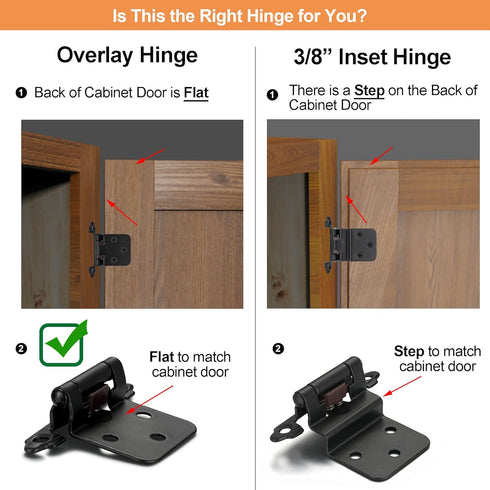 4 Pack (2 Pair) Matte Black Self Closing Cabinet Hinges for Flush Mount Kitchen Cabinet Door