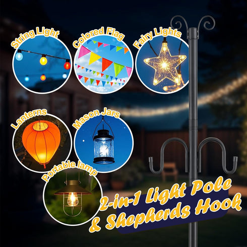 ETICSIPA 10FT 1.5 Inch 2 1 String Light Poles, Heavy Duty Poles for Outdoor String Lights with Shepherd Hook, in Light