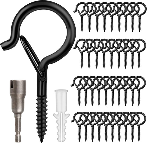 FSAH 100 Pack Q Hangers Screw-in Hooks for Outdoor String Lights, Swivel Hanging Basket Patio Hooks with Safe Buckle