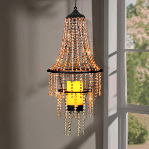 BAYN 28H Hanging Candle Chandelier Outdoor, Battery Operated Clear Acrylic Beaded Chandelier with Flickering Led Candle