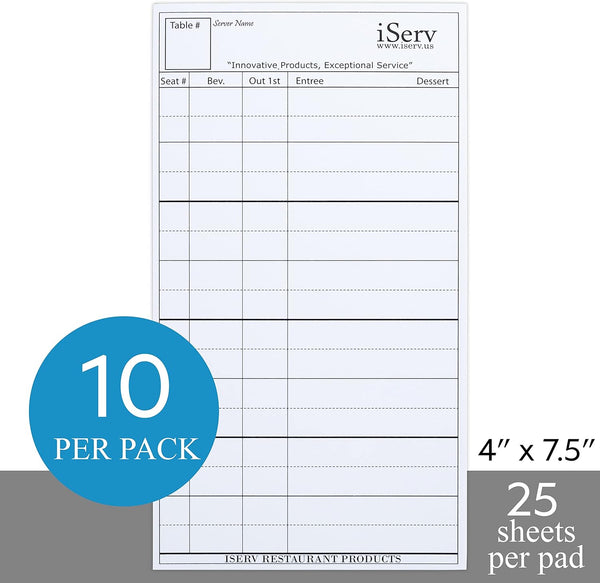 iServ (10 pack) Order pads for Servers/Waitresses -Made in USA- Designed to keep Waitstaff Professionals Organized