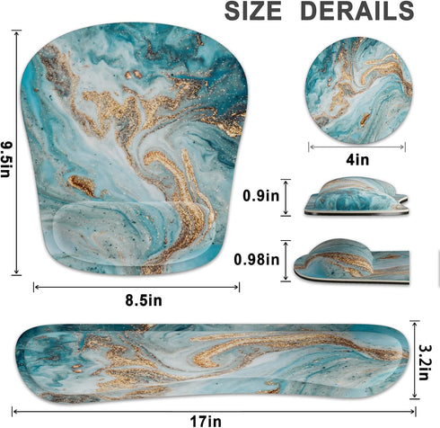 Keyboard Wrist Rest Ergonomic Mouse Pad Set, Memory Foam with Non-Slip Rubber Base for Home Office, Light Blue Marble