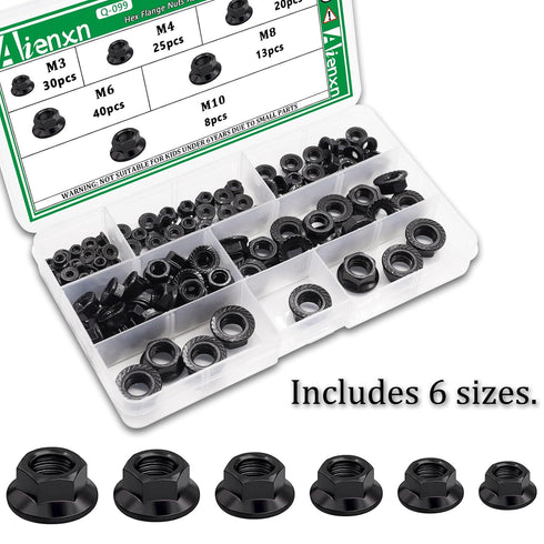 Aienxn 136PCS 6 -M3, M4, M5, M6, M8, M10 Metric Sizes Black Carbon Steel Hex Flange Nuts Assortment Kit