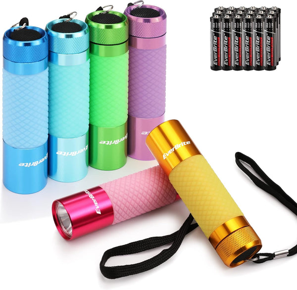 EverBrite 6-Pack Mini Flashlights - Glow in Dark LED Flashlights, Assorted Colors for Camping, Hiking, Indoor, 18XAAA