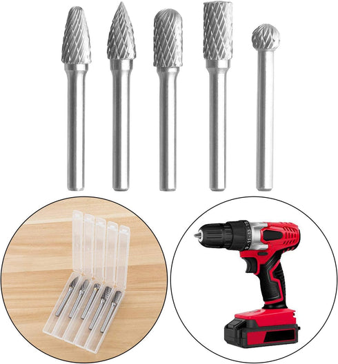 5Pcs Premium Tungsten Steel Carbide Rotary Burr Set - 1/4inch Shank Double Cut Carbide Burr Set for DIY Wood-Working