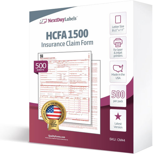 CMS 1500 1500 02/12) 8-12" 11", 500 Pack NextDayLabels - / HCFA Insurance Claim Forms - Laser/Ink-Jet Compatible (New