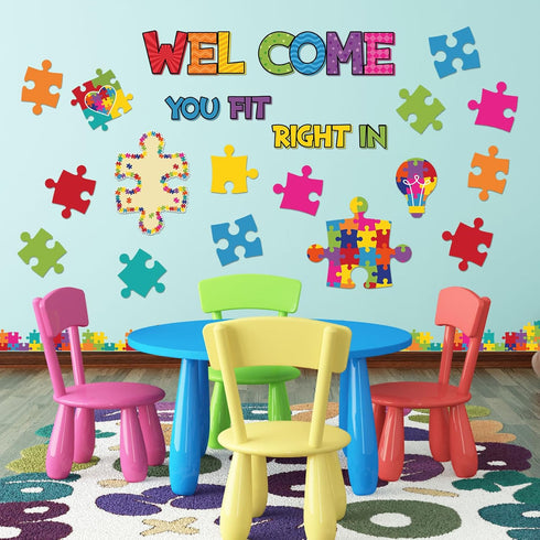 Pasimy 113 Pcs Welcome Bulletin Board Set, Puzzle Pieces Classroom Decorations with Border Trims and Cutouts