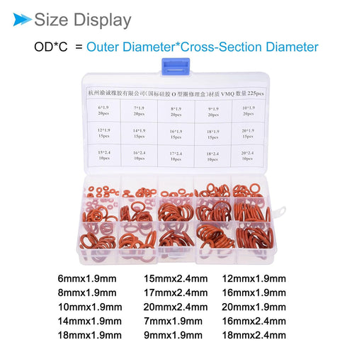 Silicone Rubber O Ring Assortment Kit, 15 Sizes, Silicone Flexible Nitrile Metric Pressure Washer O-Rings Gasket -(Applications: for Automotive Plumbing Sealing Repair), 225-Pieces