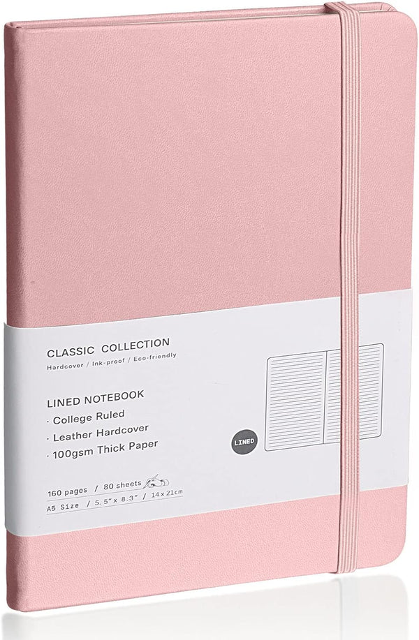 Lined Journal Notebook, Pink, 160 Pages, Medium 5.7 inches x 8 inches, 100 gsm Thick Paper, Hardcover