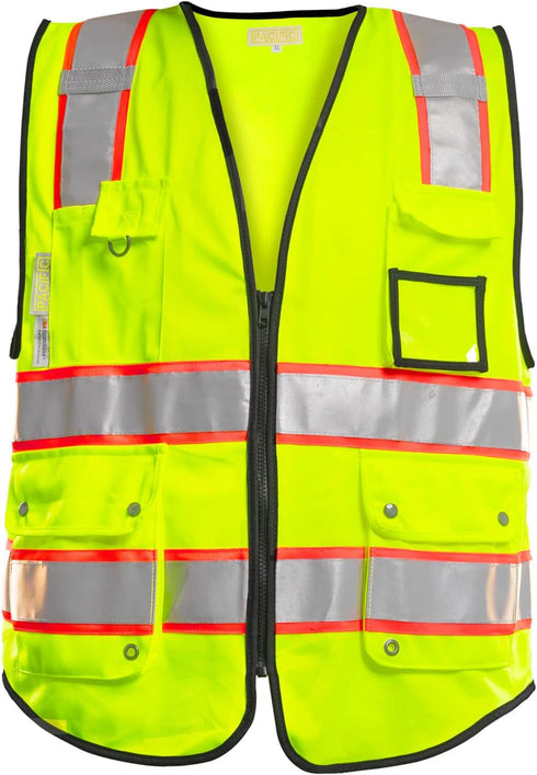 PACIFIC 10 Pockets Safety Vest for Men, ANSI Class 2, Yellow with 3M High Visibility Reflective Strips
