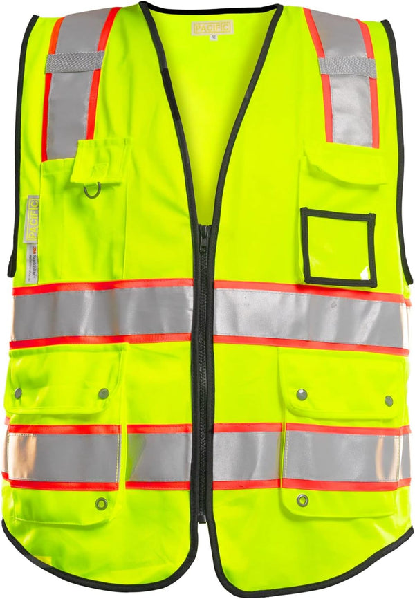 PACIFIC 10 Pockets Safety Vest for Men, ANSI Class 2, Yellow with 3M High Visibility Reflective Strips