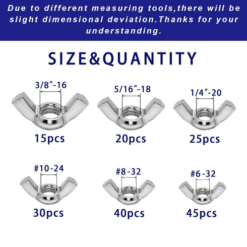 175 PCS Wing Nuts Fasteners Butterfly Wing Nuts SAE Steel Wing Nut Assortment kit from #6 to 3/8’’